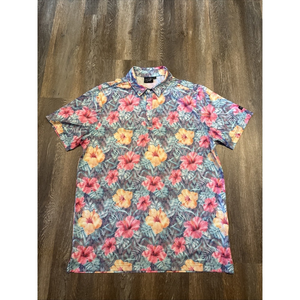 Sunday Swagger Aloha Floral Hawaiian Print Golf Polo Men's Large